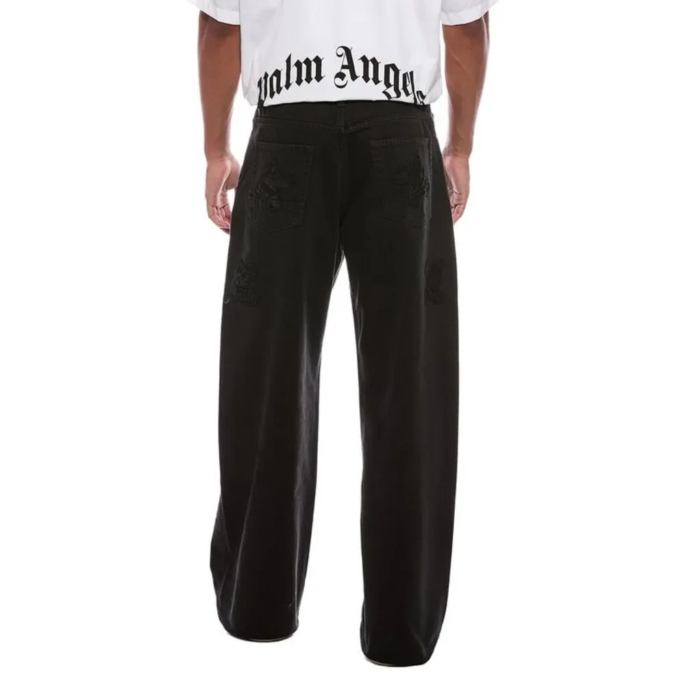 Palm Angels Mens Monogram Loose Denim Pant, Black
